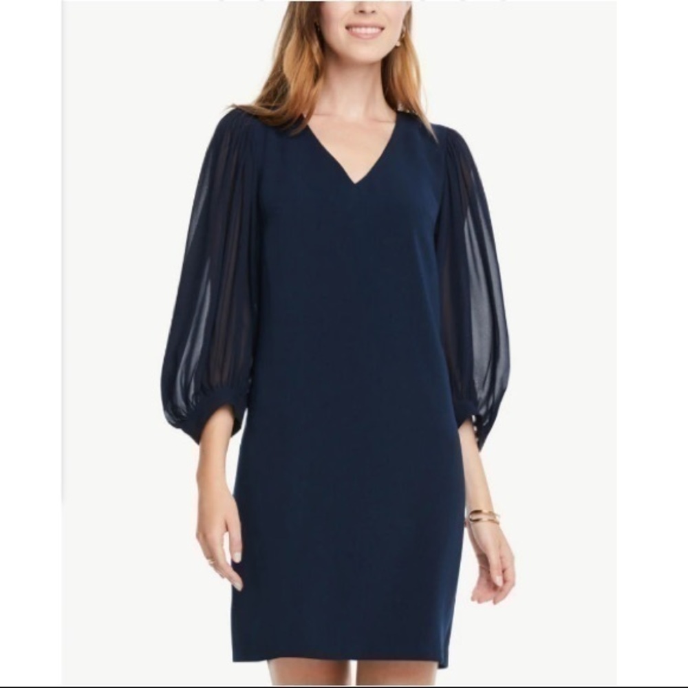 NWT Ann Taylor navy sheer sleeve v-neck dress T14